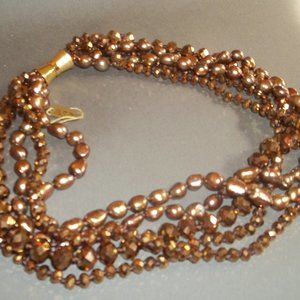 BRONZE F'WATER PEARL & CRYSTAL 5 STRAND NECKLACE MAGNETIC CLASP